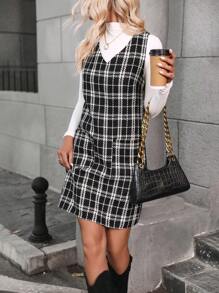 SHEIN Clasi Plaid Dual Pocket Overall Dress Without Sweater - Black - View 6