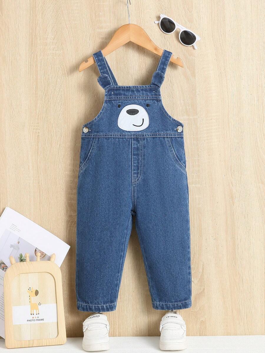 Baby Boy Embroidery Cartoon Pattern Denim Overall Jumpsuit - Dark Wash - View 1
