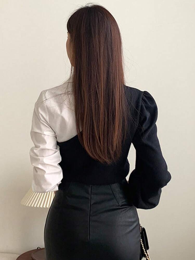 Two Tone Puff Sleeve 2 In 1 Top Long Sleeve Women Tops