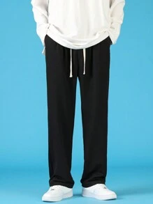 Men Drawstring Waist Straight Leg Pants - Black - View 6