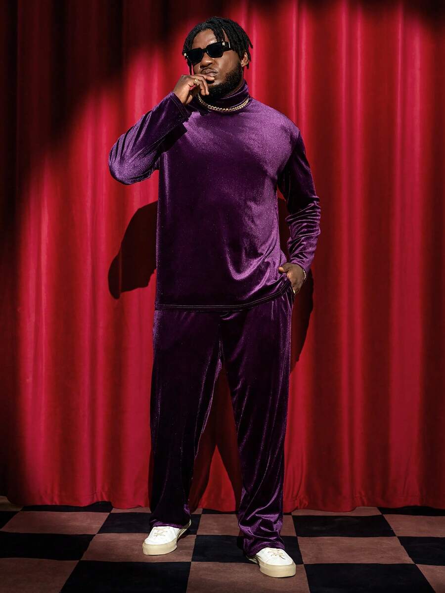 GENTILAND 男式加大高領絨面套頭衫和長褲 - 紫色 - 查看 1