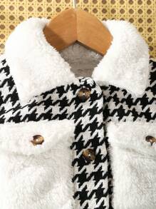 Baby Girl Houndstooth Print Flap Pocket Fuzzy Coat - Black and White - View 3