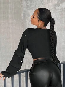 SHEIN SXY Ngọc trai đính cườm Tay áo lồng đèn Áo len Crop - màu đen - Xem 2