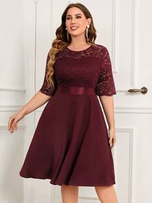 MIUSOL Plus Contrast Floral Lace Half Sleeve Prom Party Swing A-Line Dress, For Wedding Guest, Graduation, Dinner - Burgundy - View 3