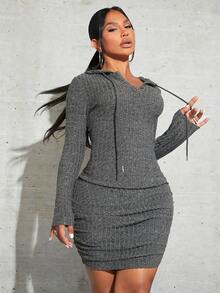 SHEIN SXY Dệt kim áo có mũ Dây rút Váy bodycon - Màu xám đen - Xem 4
