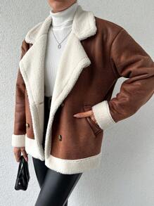 EURMUSE Manteau Pour Femmes En Peluche À Double Boutonnage Avec Patchwork Et Col À Revers - Marron - Voir 2