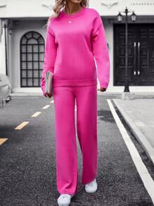 SHEIN Essnce de hombros caídos Jersey & bajo con abertura tejido Pantalones - Rosa Fucsia - Ver 4