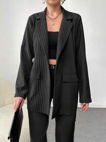 EURMUSE 女士們豎條紋西裝外套 - 黑色 - 查看 1