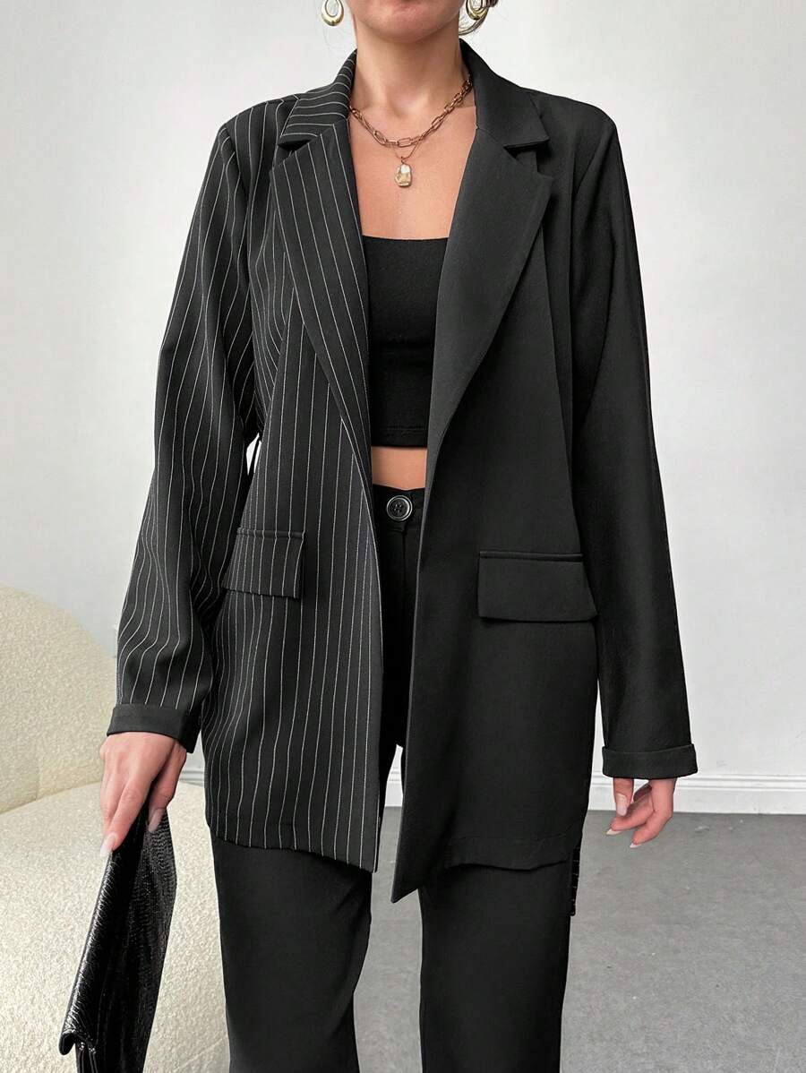 EURMUSE 女士們豎條紋西裝外套 - 黑色 - 查看 1
