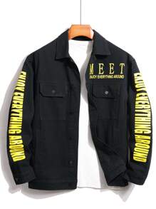 Manfinity Homme Men's Letter Printed Flap Pocket Denim Jacket - Black - View 1