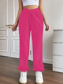 SHEIN Unity Solid Drawstring Waist Slant Pocket Sweatpants - Hot Pink - View 4