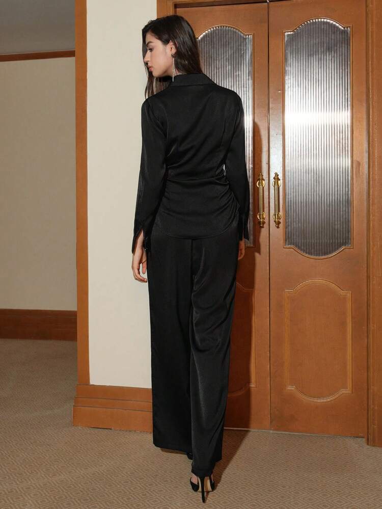 Solid Button Front Shirt & Wide Leg Pants