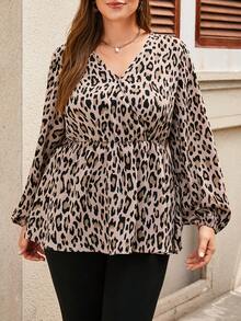 EMERY ROSE Plus Leopard Print Lantern Sleeve Peplum Blouse - Multicolor - View 4