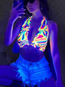 SHEIN Unity Top halter sin espalda con estampado reflectante de todo el Body, camisetas gráficas de mujer con brillo neón para fiestas - Multicolor - Ver 1