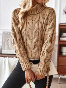 SHEIN LUNE Jersey cuello alto tejido de cable de hombros caídos - Caqui - Ver 4