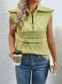 SHEIN LUNE Solid Half Zip Sweater Vest - Green - View 4