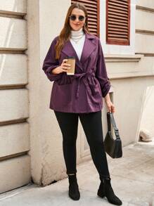 EMERY ROSE Plus Lapel Neck Belted Coat - Purple - View 4