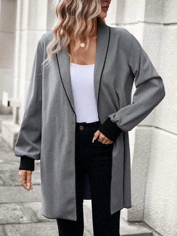 Contrast Binding Shawl Collar Open Front Overcoat
