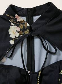 Sweetra Floral Print Tie Neck Lantern Sleeve Dress - Black - View 5