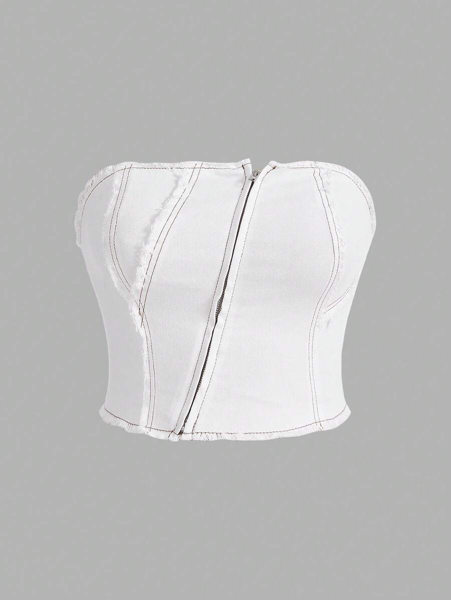 SHEIN MOD 女款大尺碼拉鍊設計無肩帶牛仔上衣 - 白色 - 查看 1