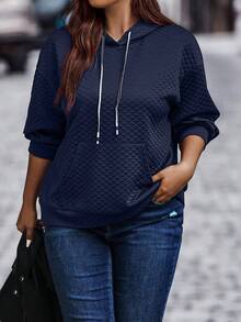 Calvaya Plus Size Kangaroo Pocket Drop Shoulder Drawstring Sweatshirt - Navy Blue - View 3