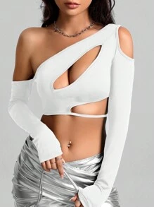 VaVaBold 不對稱領鏤空短款上衣 - 白色 - 查看 6