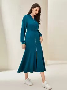 Seusyu Women Dresses Split Zip Plain Casual - Teal Blue - View 1