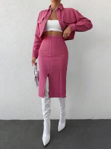EURMUSE Drop Shoulder Crop Jacket & Split Thigh Skirt - Pink - View 5