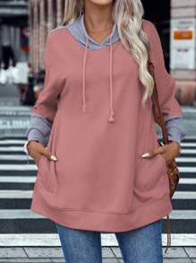 SHEIN LUNE Colorblock Drop Shoulder Drawstring 2 In 1 Hoodie - Dusty Pink - View 6