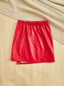 SHEIN Tween Girls' Asymmetrical Hem High Waist Skirt With Asymmetrical Design - Red - View 2