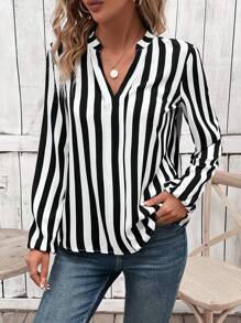 SHEIN LUNE Striped Print Notched Neckline Lantern Sleeve Blouse - Black and White - View 6