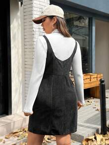 SHEIN EZwear 大碼下擺開叉燈芯絨背帶洋裝不帶T恤 - 黑色 - 查看 2