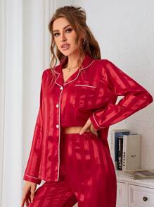 Striped Contrast Binding Satin PJ Set / Pajama Set, Fall Winter Clothes Cozy And Elegant Details - Red - View 3