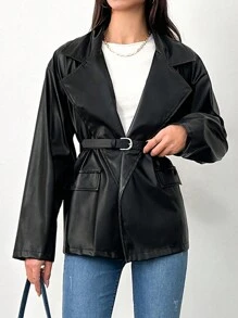 SHEIN Cottnline Lapel Neck Belted Blazer - Black - View 3
