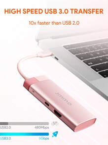 JMMO USB Hub,5 In 1 Fast USB C Hub,Type C Hub,4K USB C To USB3.0*3 & -Compatible,5-In-1 USB C Dock For Most Type-C Devices,Cable Length 165mm - Pink - View 3