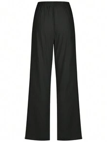 素色腰部抽繩直筒褲 - 黑色 - 查看 2