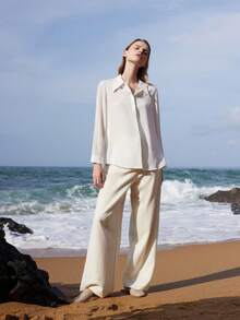 Goelia純色紐扣式收緊袖女士白襯衫 - 白色 - 查看 5