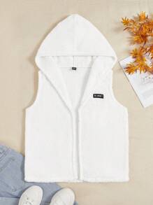 SHEIN EZwear 字母補丁細節連帽絨毛外套馬甲 - 白色 - 查看 1