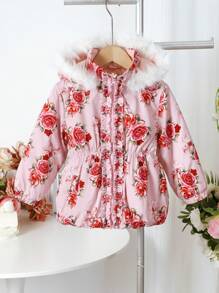 SHEIN Áo khoác độn có mũ trùm đầu in hoa cho cô gái trẻ - Hồng - Xem 1