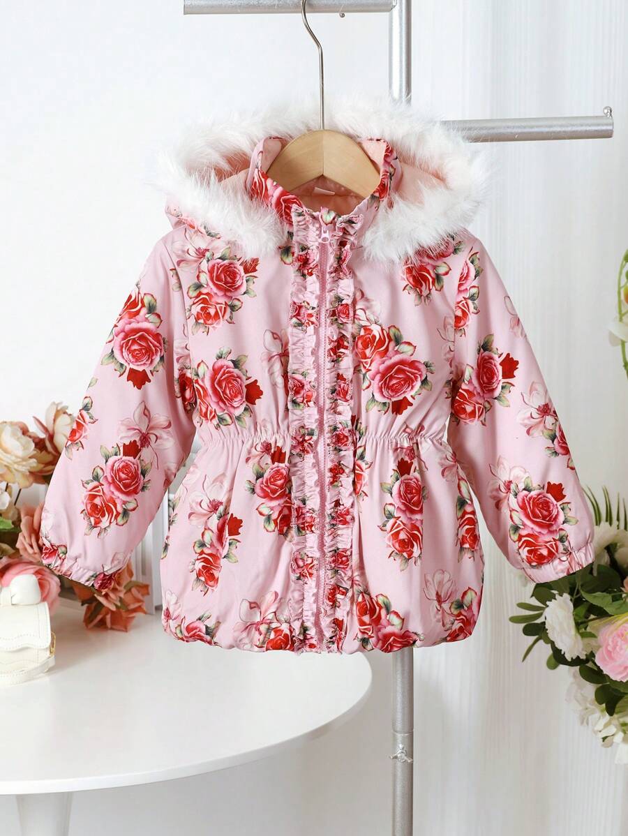 SHEIN Áo khoác độn có mũ trùm đầu in hoa cho cô gái trẻ - Hồng - Xem 1