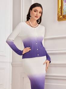Modelyn Ombre Button Front Cardigan & Knit Skirt 2 Piece Set - Purple - View 3