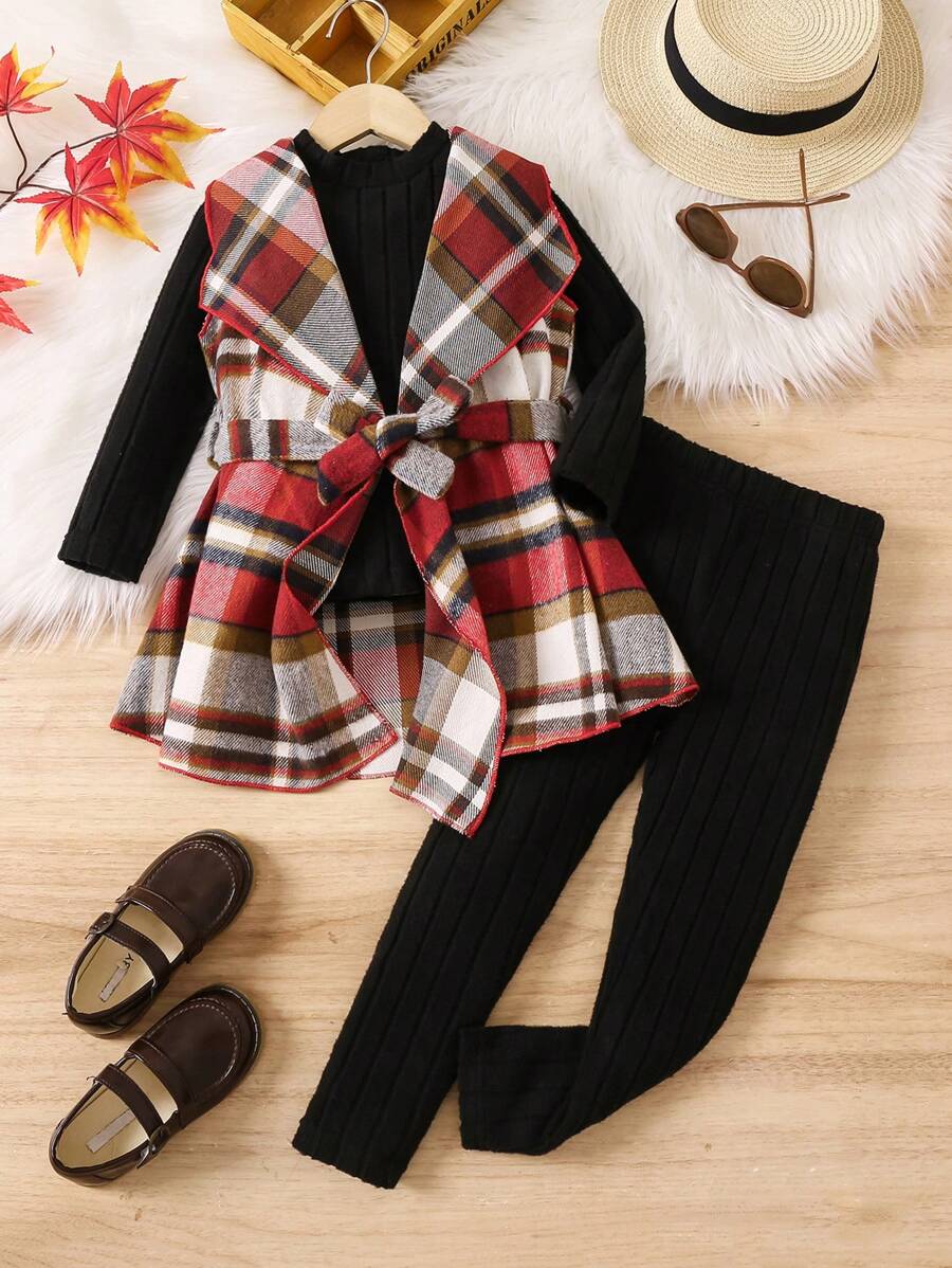 SHEIN Genkimix Kids Cô Gái Trẻ In kẻ sọc Thắt lưng Áo vest & Áo thun & quần - Nhiều màu - Xem 1