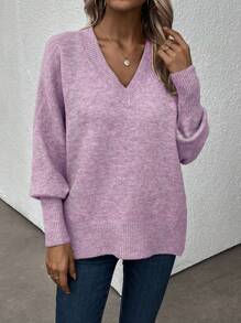 SHEIN LUNE Batwing Sleeve Button Detail Split Hem Sweater - Purple - View 6