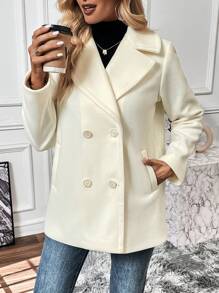 SHEIN LUNE Đôi ngực Cổ bẻ Áo khoác - Màu be - Xem 6