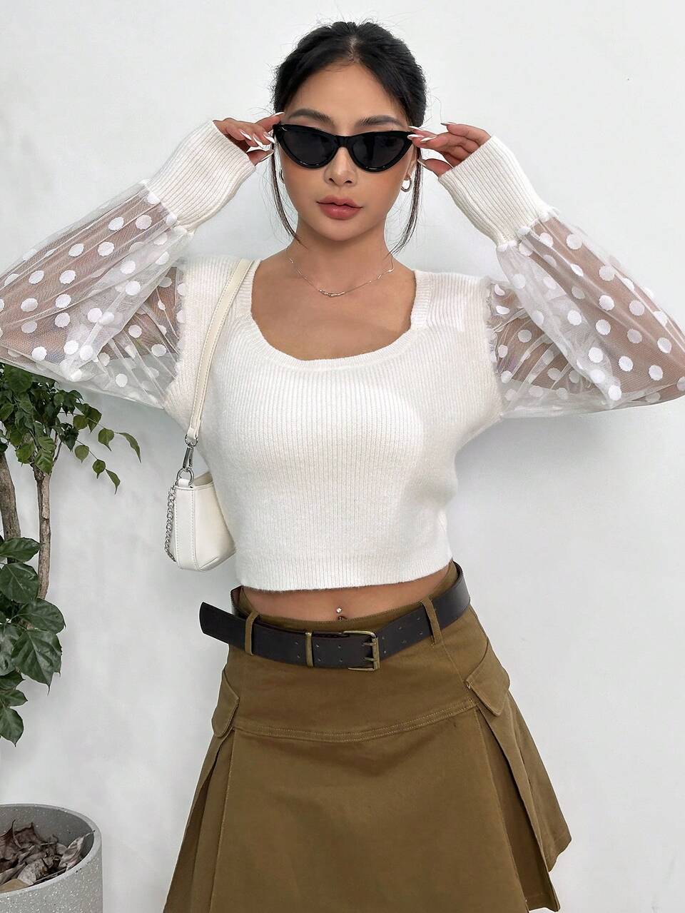Contrast Dobby Mesh Scoop Neck Crop Knit Pullover Fall Winter Sweater