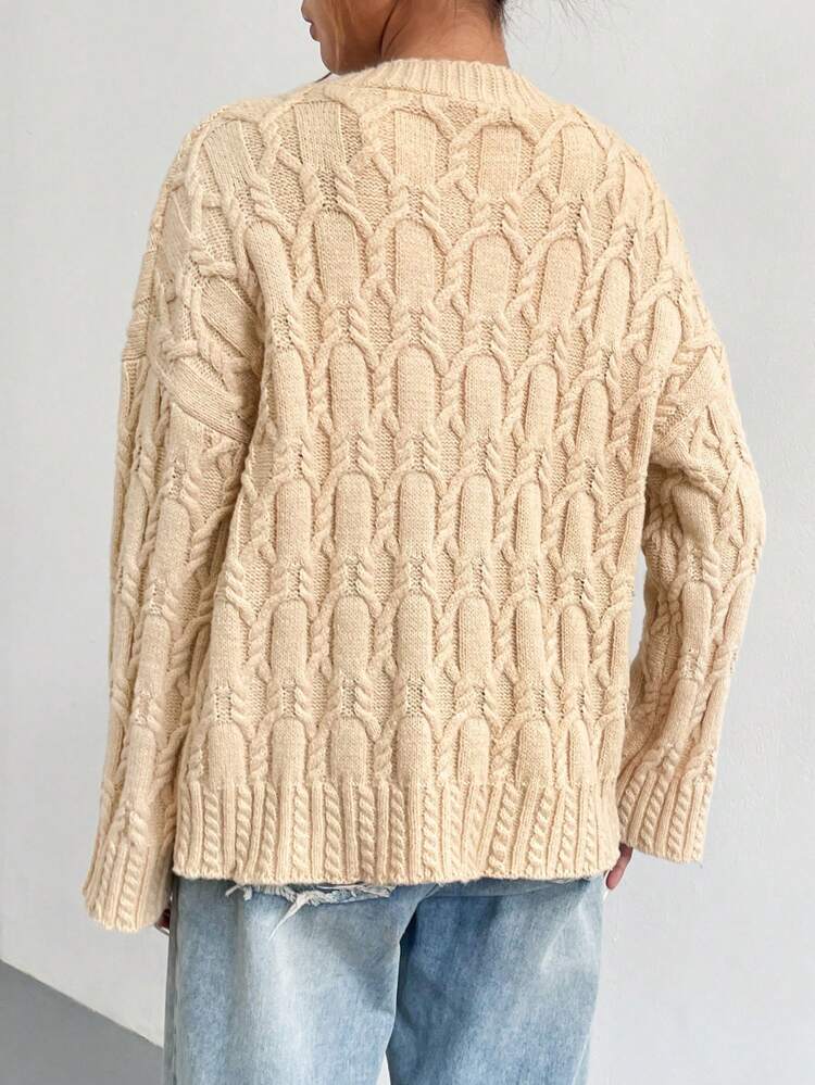 Cable Knit Drop Shoulder Button Front Cardigan Knit Pullover Sweater Fall Winter