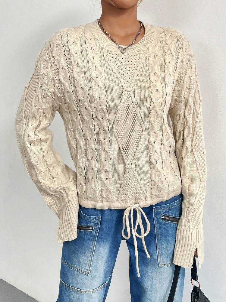 Cable Knit Drawstring Hem Drop Shoulder Knit Pullover Fall Winter Sweater