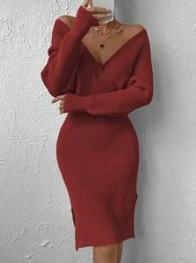 Chiquease Surplice Neck Batwing Sleeve Split Hem Sweater Dress - Burgundy - View 6