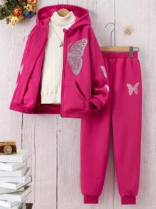 女大童1入組蝴蝶樣式拉鏈連帽衫&1入組衛褲 - 玫紅色 - 查看 4