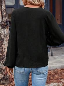 SHEIN LUNE Solid V Neck Lantern Sleeve Blouse - Black - View 4